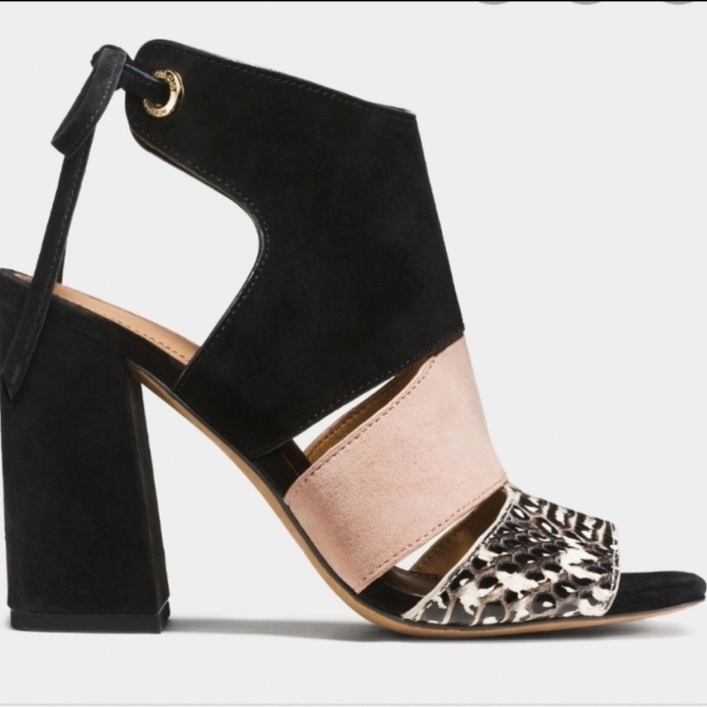 COACH 1941 SANDALS LIKE NEW MINETTA SNAKE AND SUEDE W/CHUNKY BLACK HEEL SIZE 8